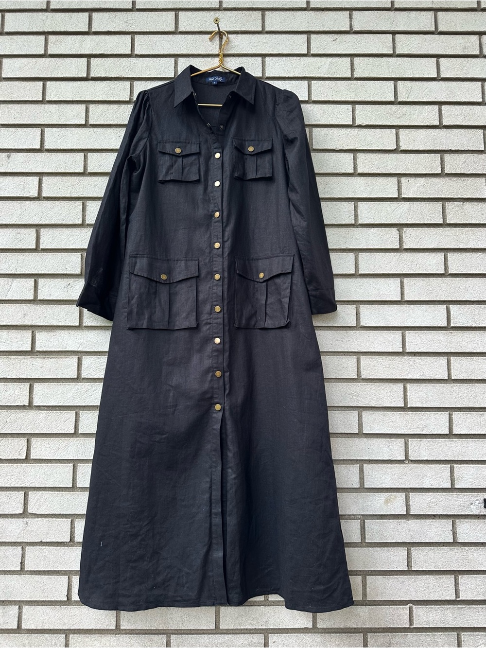 Trish Scully Black Linen Maxi Shirt Dress Duster Utility Jacket Cargo L